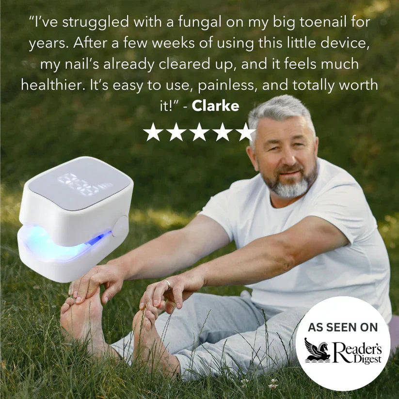 Customer testimonial showing improved toenail health after using ClearNail Pro nail fungus laser treatment device