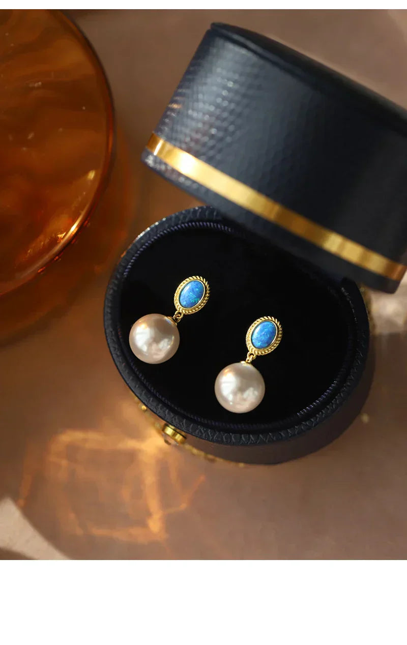 "2024 French Elegant Blue Enamel Pearl Pendant Earrings"