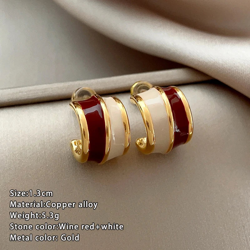 "2024 Vintage Style Wine Red Contrasting Half Circle Enamel Earrings"