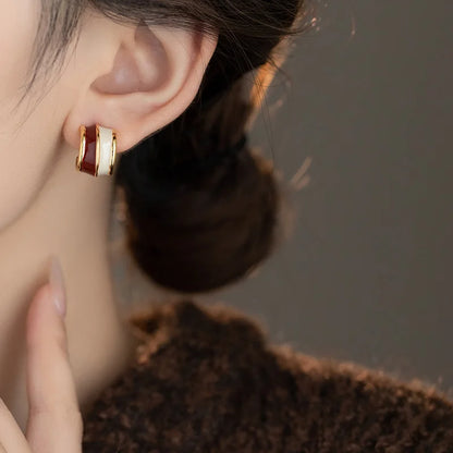 "2024 Vintage Style Wine Red Contrasting Half Circle Enamel Earrings"