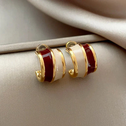 "2024 Vintage Style Wine Red Contrasting Half Circle Enamel Earrings"